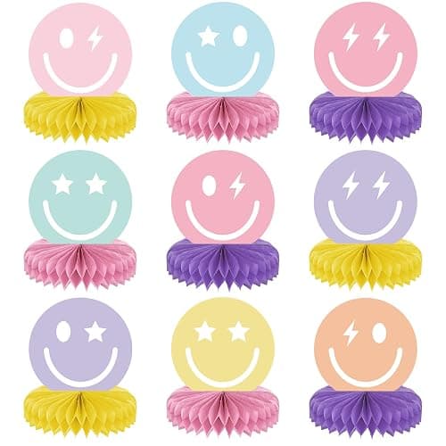 9PCS Smile Face Honeycomb Centerpieces Preppy Smile Face Table Decorations Happy Pastel Birthday Party Supplies for Colorful Rainbow Birthday Themed Bachelorette Decor Favor - Image 1