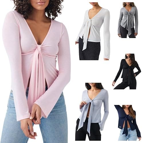 Owegvia Women Long Sleeve V Neck Solid Color Trendy T-Shirt Tie Up Bow Basic Shirt Blouses for Streetwear Aesthetic Clothes thumbnail 7