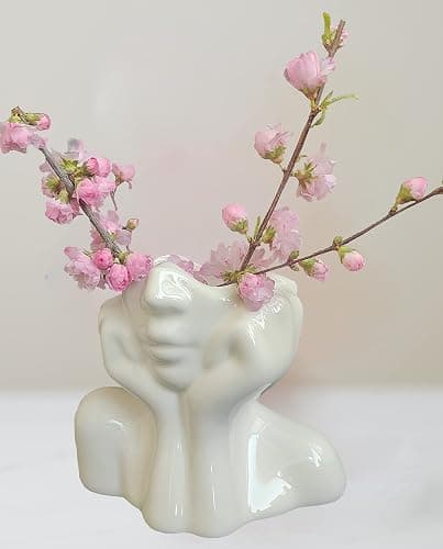 White Face Vase Unique Ceramic Vase for Room,Office,Home Decor | Small Boho Cute Female Form Head Bust Vase Modern Flower Vase for Table Shelf Desk Decoration Bookshelf Bedroom thumbnail 3