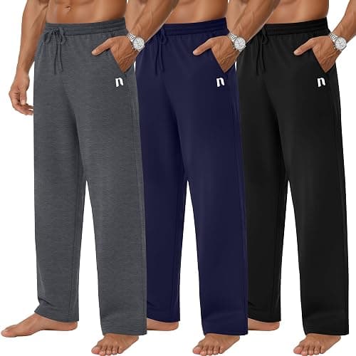 Neer 3 Pack Men's Wide Leg Pants Lounge Loose Fit Casual Lightweight Sweatpants Basic Open Bottom Drawstring with Pockets - Image 1