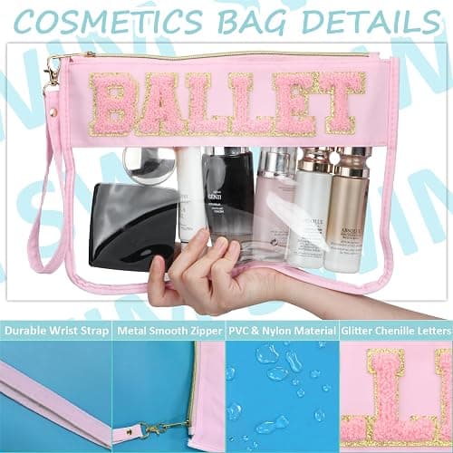 BuyCard 2 Pcs Ballet Gifts Cosmetic Makeup Bag with Chenille Letter Patch, Clear Pouch PVC Organizer Purse, Waterproof Travel Bag, Portable Toiletry Storage Bag for Her Girls Friends Women thumbnail 4