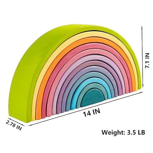MERRYHEART Wooden Rainbow Stacking Toy, 12 Piece Multicolor Wooden Arch Stacker, Extra Large Pastel Bow Shaped Stacking Toy, Nesting Puzzle Building Blocks Educational Toys for Kids Toddlers thumbnail 3