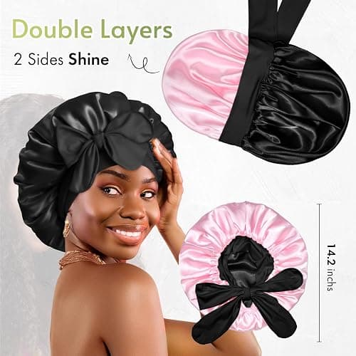 BONNET QUEEN Seidenhaube zum Schlafen mit Haarschutz für Nacht, Doppelseitige Schlafhaube Seide für Lange Haare & Locken, Verstellbare Satin Haarhaube für Damen mit Bindeband, Rosa & Schwarz thumbnail 3