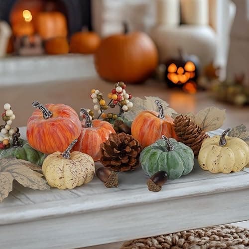 Artmag 25 PCS Pumpkin Decor Set, Artificial Pumpkins Fall Decor for Thanksgiving Decorations with Acorns, Pinecones, Berries, Maple Leaves for Home Table - Image 1