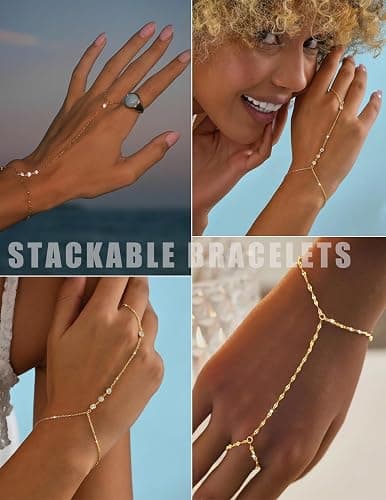 YEEZII Gold Hand Chain Bracelets for Women, 2 Pcs 14k Gold Plated Cubic Zirconia Link Chain Bracelet Set, Trendy ring bracelet hand chain Jewelry for Her thumbnail 3