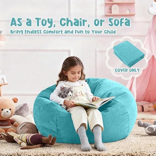 Nobildonna 2.5 ft Bean Bag Chair Cover for Kids,Turquoise 200L | No Filler Washable Stuffed Animal Storage Beanbag Chair Cover 74" Extra Large Opening Premium Corduroy Bean Bag Cover thumbnail 4
