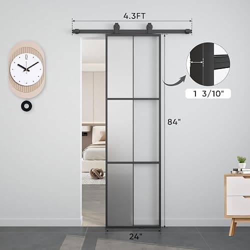 Barnsmith 24in x 84in Aluminum Glass Barn Door with 4.3FT Hardware, Frosted Tempered Glass, 6 Lattice, Lightweight Sliding Door, Easy Assembly - 24"x84" thumbnail 2