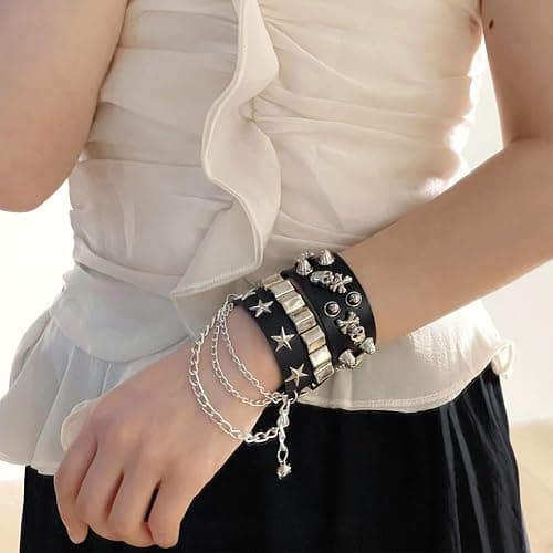 NPENGHUI 2-Piece Punk Rock Bracelet Set Studded Leather Cuff Bracelets with Metal Skull Adjustable Wrap Wrist Cuffs Vintage 80s Emo Goth Jewelry Accessories for Halloween Concerts and Festival Outfit thumbnail 6