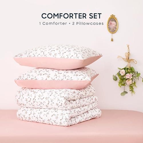 Wake In Cloud - Floral Comforter Set, Coquette Cottagecore Aesthetic Cute Flower Pattern for Women Teen Girls, Soft Lightweight Dorm Bedding, 3 Piece, Pink, Twin/Twin XL Size thumbnail 2