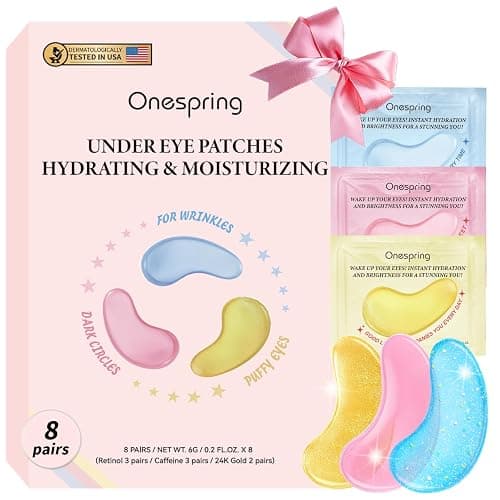 Onespring Eye Masks (8 Pairs) - 24K Gold, Caffeine and Retinol Under Eye Patches, Gel Pads for Wrinkles, Puffiness & Dark Circles, Bachelorette Party Favors, Self Care, Birthday Gifts for Women - Image 1