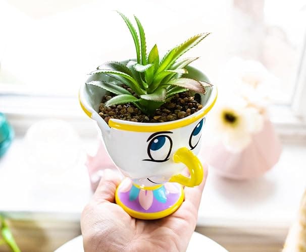Silver Buffalo Disney Beauty and The Beast Chip 3-Inch Ceramic Mini Planter with Artificial Succulent | Small Flower Pot, Faux Indoor Plants for Desk Shelf, Home Decor Trinket Tray and Collectibles thumbnail 4