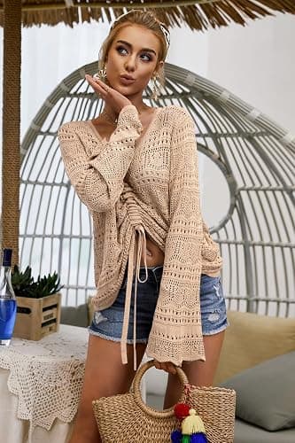 Saodimallsu Womens Boho Off Shoulder Sheer Crop Tops Crochet Flowy Sweaters | Boho Tops, Off Shoulder, Sheer Crop Tops, Bell Sleeve, Flowy Tops, Oversized, Crochet Sweaters, Ruched Pullover thumbnail 2