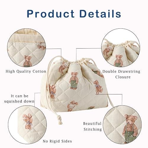 3pcs Large Cotton Quilted Makeup Bag Set,Coquette Aesthetic Cute Travel Toiletry Bag,Drawstring Gift Bag for Women and Girls(3Pcs White Bear) thumbnail 6