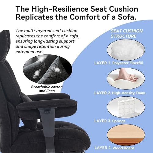 Efomao Executive Office Chair, Soft-Cushioned Computer Chair with Foot Rest, Fabric Home Office Desk Chairs, Big and Tall Office Chairs, Black thumbnail 3