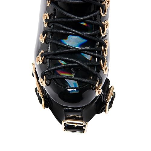 Heronticy Women's Black Patent Lace-Up Ankle Bootie with Gold Buckles, Platform Wedge Heel, and Side Zipper thumbnail 6