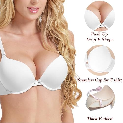 Pushlus Push Up Thick Padded Plunge Underwire T Shirt Lace Bra Lift Support for Women Add One Cup thumbnail 2