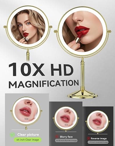 DOWRY 4000 mAh Rechargeable Lighted Makeup Mirror 10x Magnification Vanity Mirror Tabletop Two-Sided Swivel Gifts for Women Wife Mom Teengirls Mothers Day Gold Finish thumbnail 3