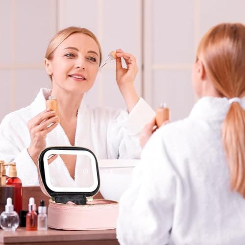 Small Makeup Bag with Led Mirror, Mini Travel Make up Bag 3 Light Modes Adjustable Brightness, for Women Organizer Cosmetic Bag, Portable Travel Train Toiletry Bag, for Pool Parties Work Touch-Ups thumbnail 2