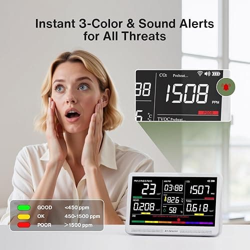 Air Quality Monitor Indoor 7" Display 9 AQI+7 AQI Alerts, CO2 Monitor Air Quality Tester for CO2, TVOC, PM2.5 PM1.0 PM10, HCHO Temperature Humidity AQI & Time Air Quality Meter for Home thumbnail 4