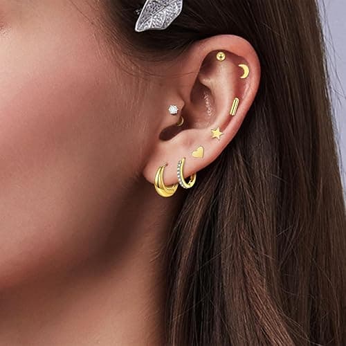 14K Gold Plated Flat Back Earrings & Hoops Set - 16 Pairs Hypoallergenic Cartilage Studs & Mini Hoops for Women | Threadless Push-in Design, Tiny Star, Moon, Heart, CZ Studs & Chunky Hoops thumbnail 4