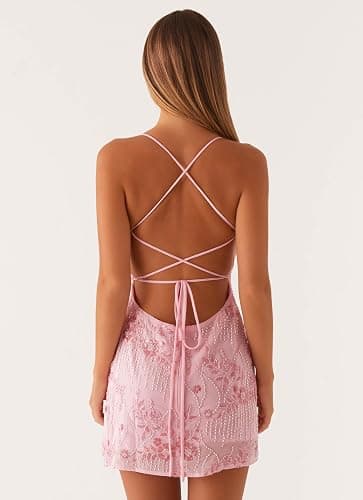 Women Sequin Beaded Mini Dress Y2K Sparkly Open Back Slip Short Dresses Date Night Glitter Backless Cami Dress thumbnail 5