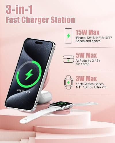 3 in 1 Magnetic Wireless Charging Station for iPhone 17/16/15/14/13/12 Series, Apple Watch and AirPods, MagSafe-Compatible 15W Fast Charging Stand, Foldable Adjustable Travel Charger, Pink thumbnail 5