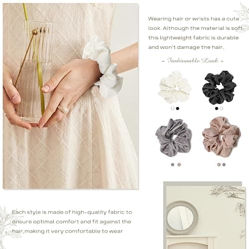 4PCS Large Satin Silk Scrunchies for Women - Big Glossy Scrunchie for Thick Hair Girl Hair Ties Ponytail Holders Jumbo Scrunchies (Black White Silver Champagne) thumbnail 5
