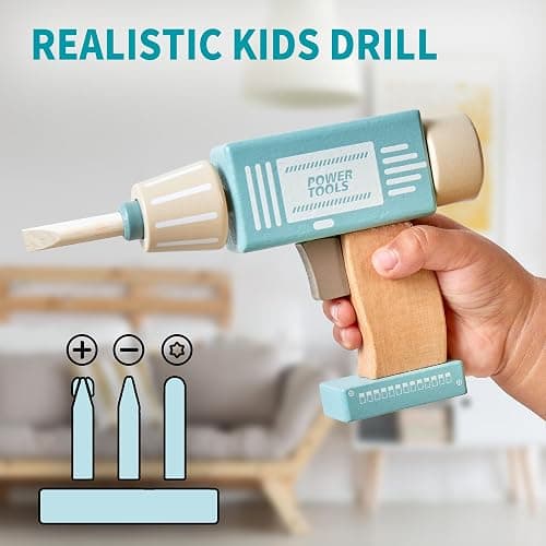 Kids Tool Bench,Wooden Play Tools Set with Kids Tool Belt Toddlers Workbench Pretend Construction Tools Set Wooden Toy Drill Gift for Boys & Girls Age 3-5 thumbnail 3