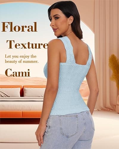 Women's Square Neck Wide Strap Crop Tank Tops Slim Fit Sleeveless Going Out Top Flower Lettuce Trim Cami Tops thumbnail 2