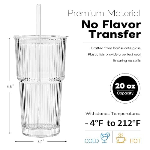TUZAZO 20 Oz Glass Tumblers with Lids and Straws - 2 Pack Ribbed Glass Iced Coffee Cup with Straw and Lid, Thicken Glasses, Ideal for Smoothieds, Cocktails, and Juices thumbnail 3