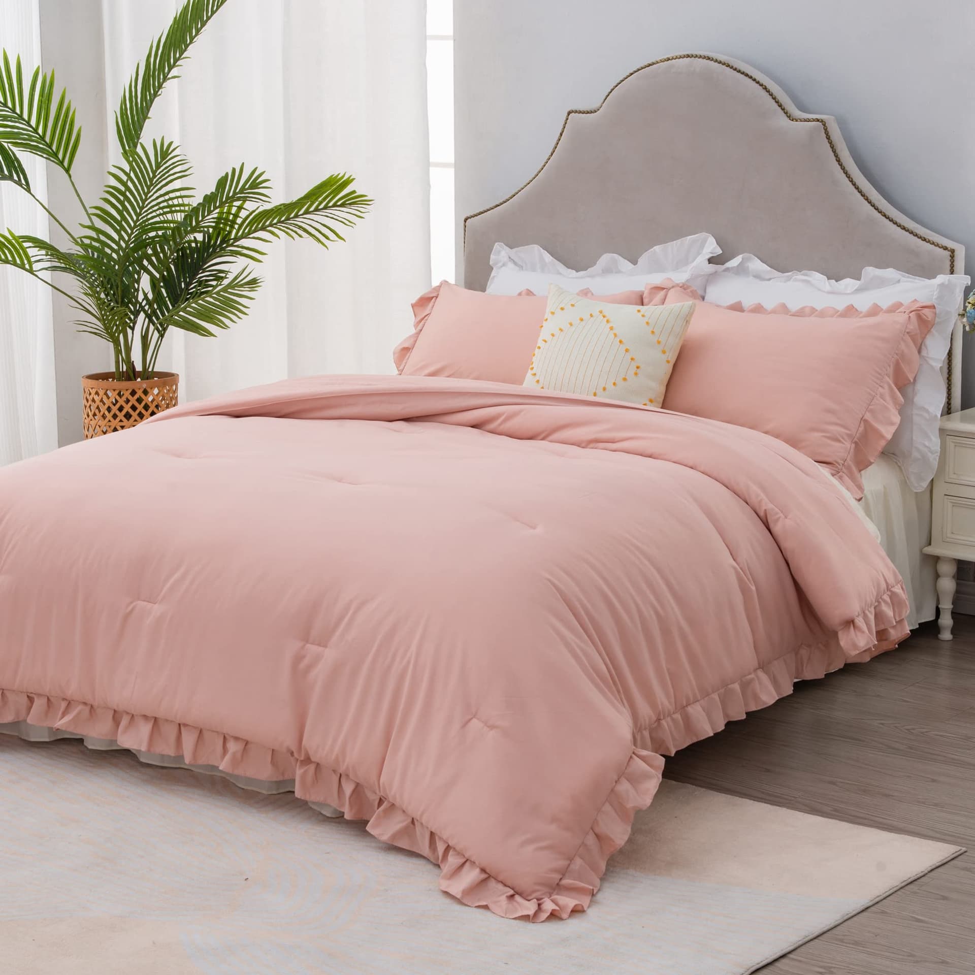 Litanika Blush Pink Ruffle King Bed Comforter Set, 3 Pieces Girls Women Cute Bedding Comforters & Sets, Lightweight Fluffy Microfiber Down Alternative (104x90In Comforter & 2 Pillowcases) - King (104"x90") - Blush Pink - Image 1