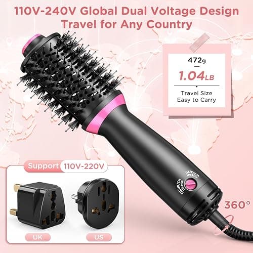 BKXCHA 3in1 Warmluftbürste Rundbürstenföhn, Doppelte Spannung One-Step Ionen Hair Dryer Brush, Tragbare Föhn Bürste mit 2 Geschwindigkeiten & 2 Adapter, Föhnbürste und Volumiser für Alle Haartypen thumbnail 5
