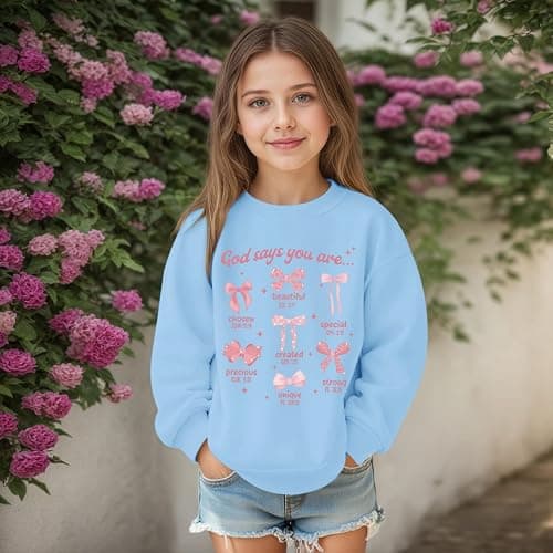 KEEVICI Cute Girls Bow Graphic Sweatshirt Christian Hoodies For Kids God Kawaii Hoodie Letter Pullover Long Sleeve Shirts Top thumbnail 5