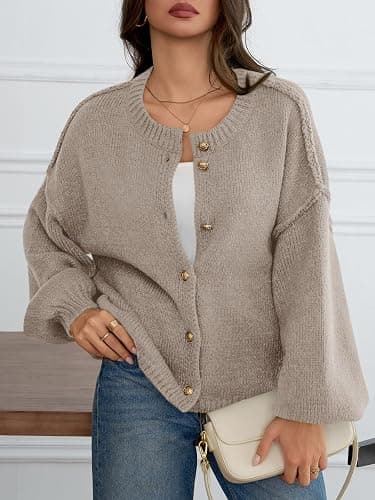 Saodimallsu Womens Oversized Cardigans Button Up Long Lantern Sleeve Chunky Knit Casual Soft Fall Sweater Coats thumbnail 3