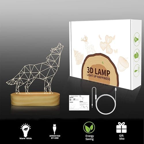 Wolves Gifts,3D Optical Illusion Wolf Lamp Animal LED Night Light for Kids Boys Men Bedroom Decoration,USB Power Warm White Color Table Lamps,Yellow thumbnail 8