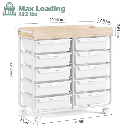 Meuble de rangement à roulettes en plastique avec 10 tiroirs, chariot à roulettes avec tiroirs, chariot de rangement pour salle de bain, cuisine, salon et chambre à coucher, Blanc thumbnail 3