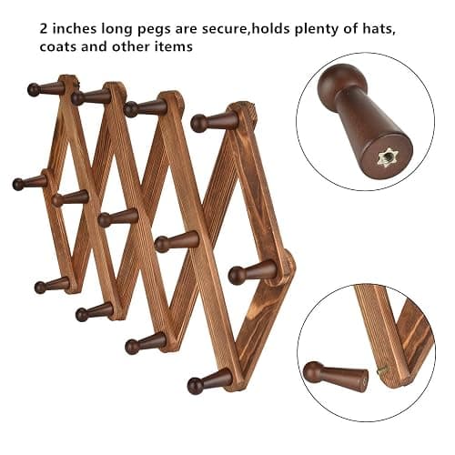 Homode Vintage Wood Expandable Peg Rack- Multi-Purpose Accordion Wall Hangers with 13 Hooks for Hats, Coat, Mugs, Scarf, Jewelry Storage thumbnail 9