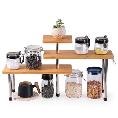 3 Tier Corner Shelf Bamboo Countertop Organizer Bookshelf Display Shelves Space Saving Rack for Living Room, Kitchen, Office (with Hooks) thumbnail 2