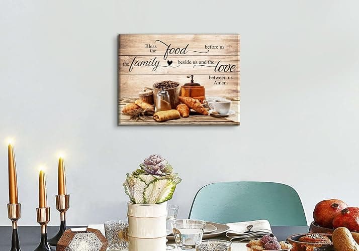Christian Wall Art Kitchen Wall Decor Bless The Food Quote Dining Room Pictures Rustic Coffee Art Wall Decor Farmhouse Canvas Prints Painting Family Artwork for Restaurant Home Decoration 12x16" thumbnail 2