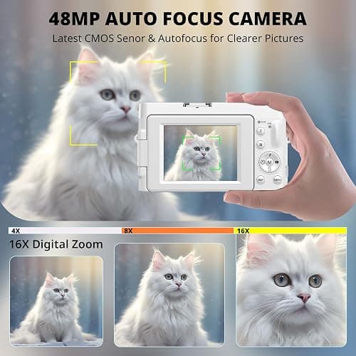 Duluvulu 4K Digital Camera for Photography Autofocus, 2026 Latest 48MP Vlogging Camera for YouTube with SD Card, 2 Batteries, 3" 180°Flip Screen Compact Travel Camera for Teens with 16X Zoom,Off White thumbnail 3