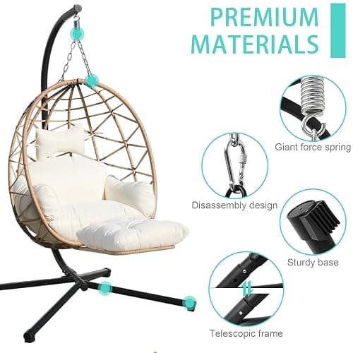 Jadoxy Hanging Egg Chair with Leg Stand, Indoor/Outdoor Swing Egg Chair Hammock Basket Seat Chair with Cushion for Porch Balcony Garden Patio (Ribbon+Rattan, Yellow+White) thumbnail 5