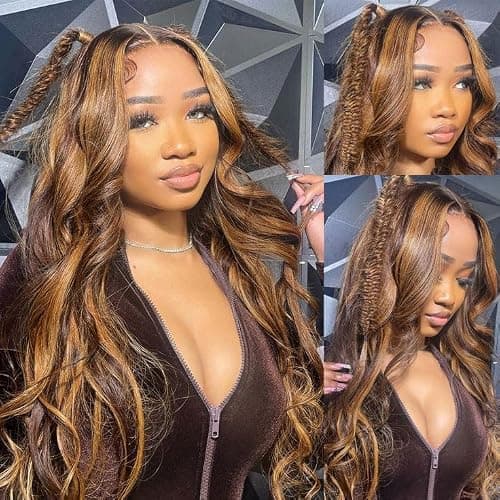 32 Inch Honey Blonde Body Wave Lace Front Wig Human Hair 13x6 HD Lace Front Wig Ombre Highlight 4/27 Colored 180% Density Pre Plucked Brazilian Virgin Wigs for Women thumbnail 2