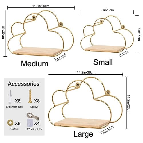Niemro - Golden Cloud Shape Floating Shelves with LED Lights Wall Decor,Gold Metal Wire and Wood Base Wall Mounted Shelf Decorations for Home Bedroom Living Room - Set of 3 thumbnail 2