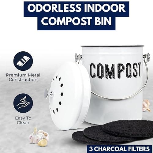 Granrosi Countertop Compost Bin Kitchen - 1.3 Gal Indoor Compost Bucket with Lid for Kitchen; Farmhouse Rust Proof & Odorless Composter Bin for Countertop; 3 Charcoal Filters - White thumbnail 2