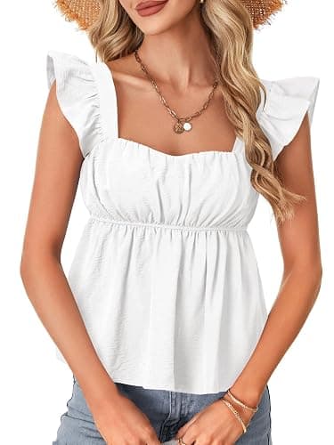 Rooscier Women's Square Neck Ruffle Cap Sleeve Ruched Peplum Babydoll Blouse Tank Tops thumbnail 3