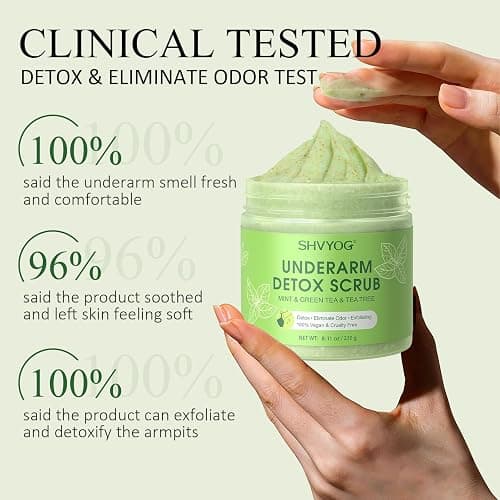 Underarm Detox Scrub, Armpit Detox Green Tea, Mint and Tea Tree Body Deodorant, Natural Dark Armpit Remover for Odors Eliminating and Exfoliating, also for Whole Body & Sensitive Skin, Unisex 8.11 Oz thumbnail 5