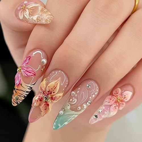 24Pcs Long Press on Nails Almond French Tip Fake Nails Hawaii Flower Nails with Gold Silver Rhinestones Design Summer Full Cover Artificial False Nails Tips for Women Manicure Decorations thumbnail 3