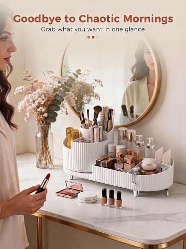 Booklov Rotating Makeup Organizer for Vanity Countertop, White | Plastic Cosmetic Display Case, Large Beauty Brush Holder for Bathroom Counter, Skin Care Perfumes Storage thumbnail 5