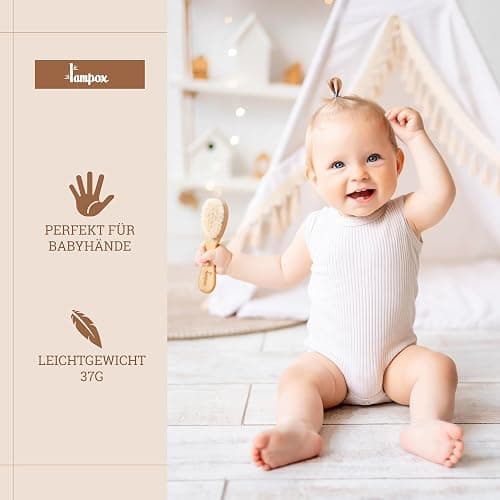 lampox Babyhaarbürste extra weich, Baby Erstausstattung Neugeborene mit weichen Ziegenhaaren, Milchschorf, Baby Haarbürste, Baby Pflegeset, Baby Geschenk, Kopfhautpflege, Kleinkinder, Babyzubehör thumbnail 3