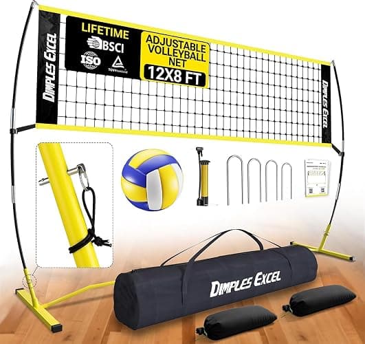 Dimples Excel 12x8 FT Portable Volleyball Net Set,4 Adjustable Heights Set | For All Ages & Skill Levels, Indoor Outdoor Backyard Beach Gym, Includes Ball Pump Sandbags Carry Bag, 5 Min Fast Setup - Image 1